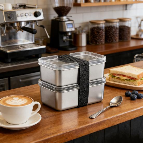 Nerezový obědový box s průhledným víkem Vhodný do mikrovlnné trouby a myčky Nádoba na přípravu jídla odolná proti vytečení Přenosný bento box do kanceláře školy