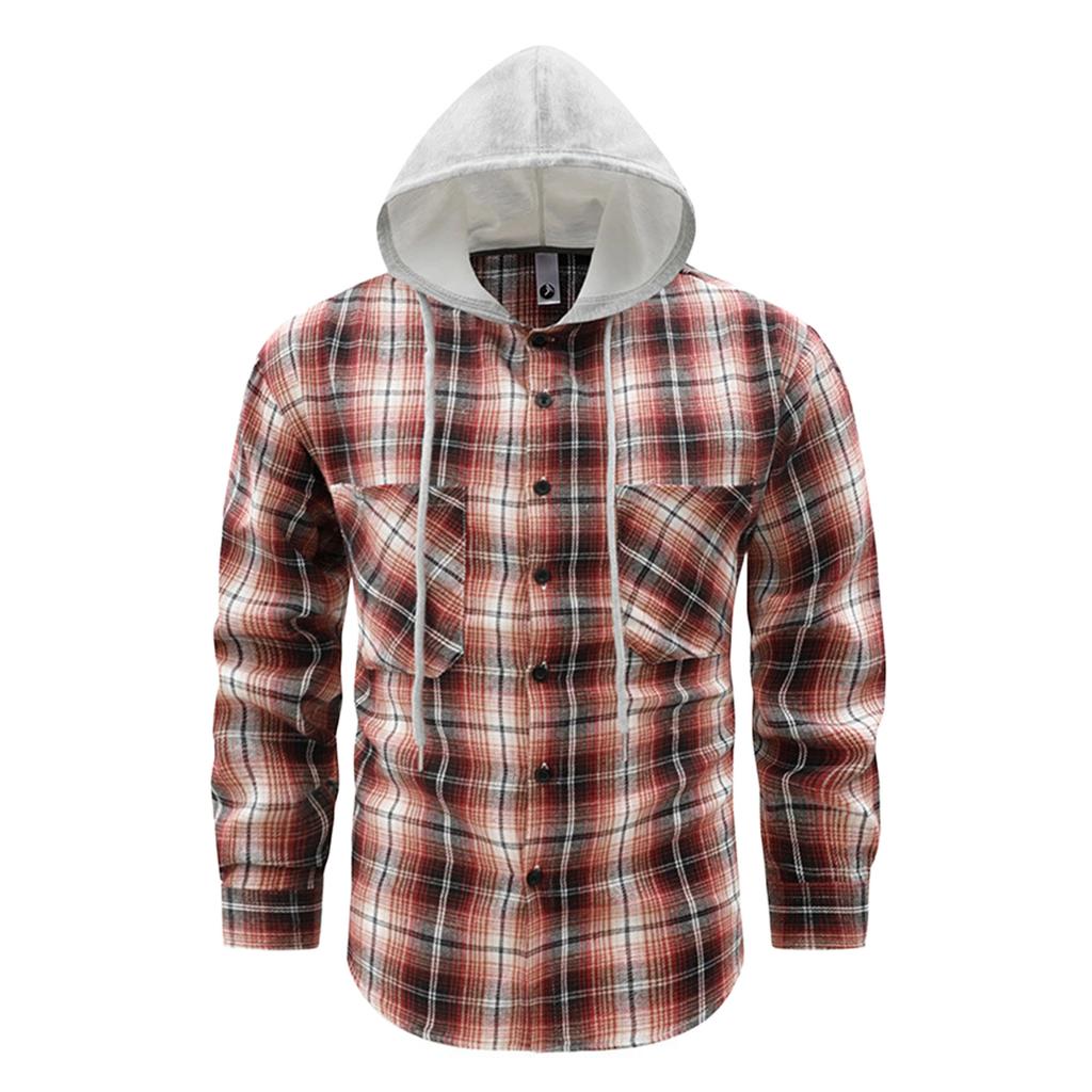 Herren Flanell Karo Kapuzen Knopfleiste Hemd Jacke Freizeit Langarm Oberbekleidung