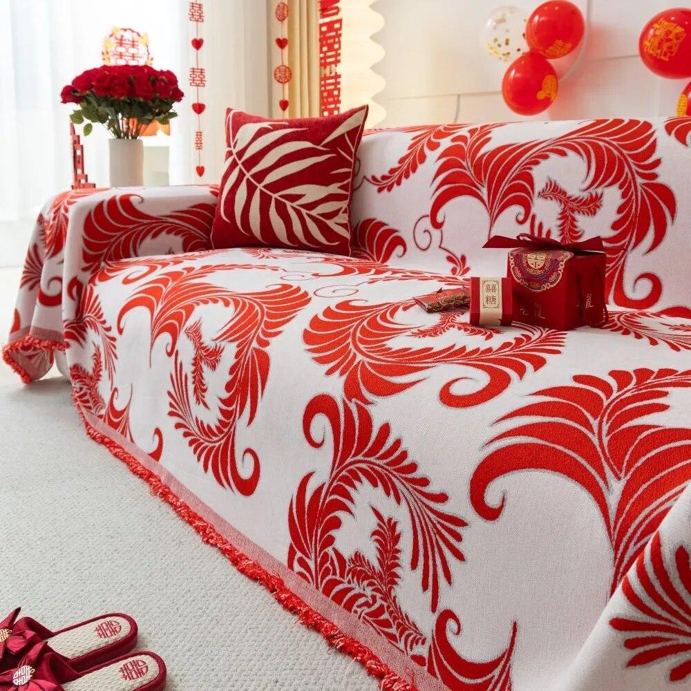 Chinese Wedding Sofa Cushion Cover Double Side Couch Cover Sofa Slipcover Universal Jubilant Anti-cat Sofa Cover 1.2.3.4 Seat