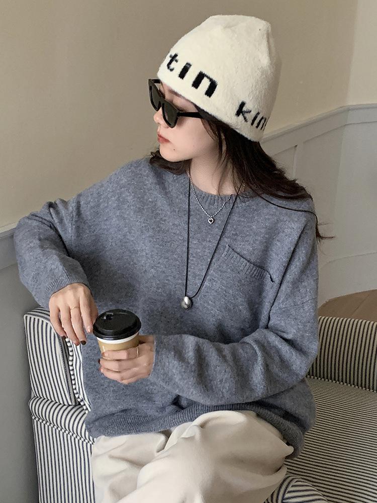 Liu Wen-inspired Women's Casual Loose Wool Sweater Pullover with Pockets - High-End Knitwear for 2025