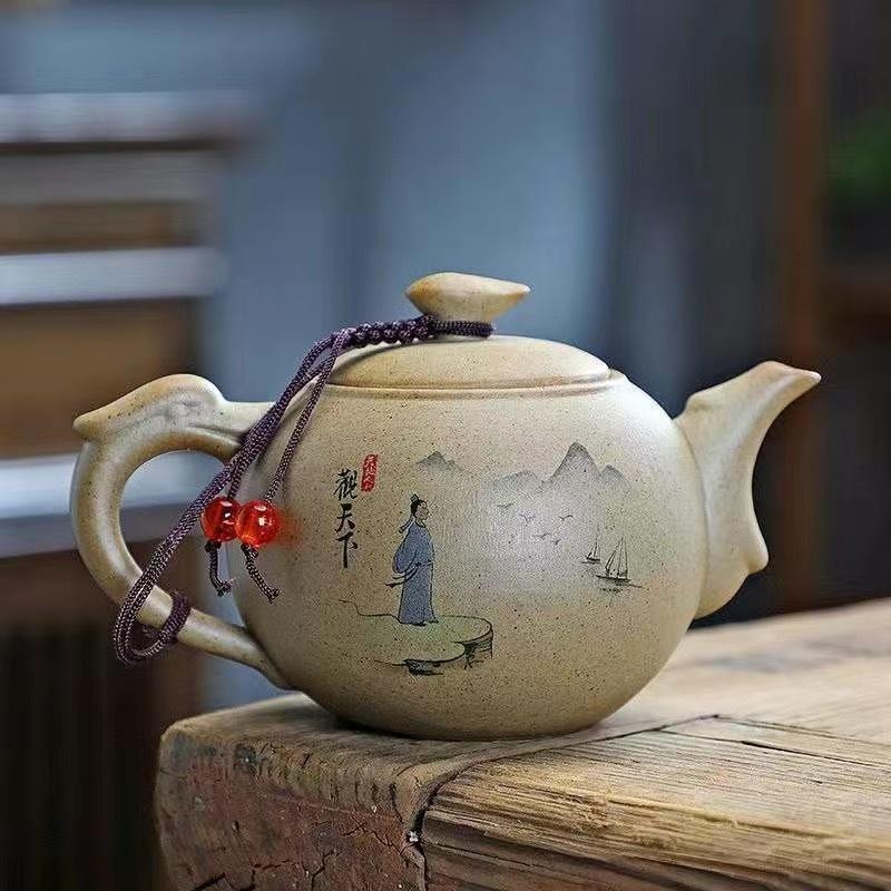 Wykwintny ceramiczny czajnik do herbaty Klasyka Chin Gruboziarnista ceramika Czajnik z uchwytem Ceramika Czajnik z drewna tekowego Czarny Zielony fioletowa glina Zestaw do herbaty z surowej rudy