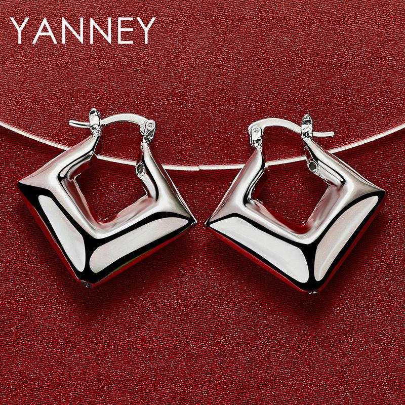 30MM 925 Sterling Silver Glossy Square Hoop Earrings for Women Fashion Charm Wedding Engagement Party Gift Jewelry Accessories
