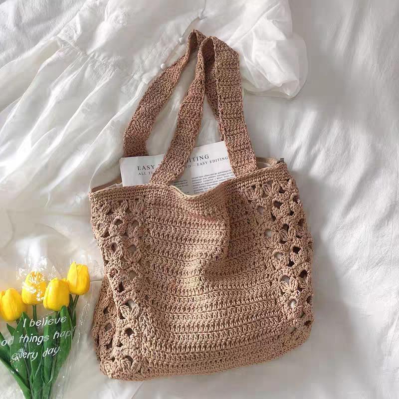 Lazy Wind Large-capacity Cotton Thread Woven Bag Hollow Shoulder Women's Bag Straw Woven Bag Vacation Wind Beach Bag Spring New Models
