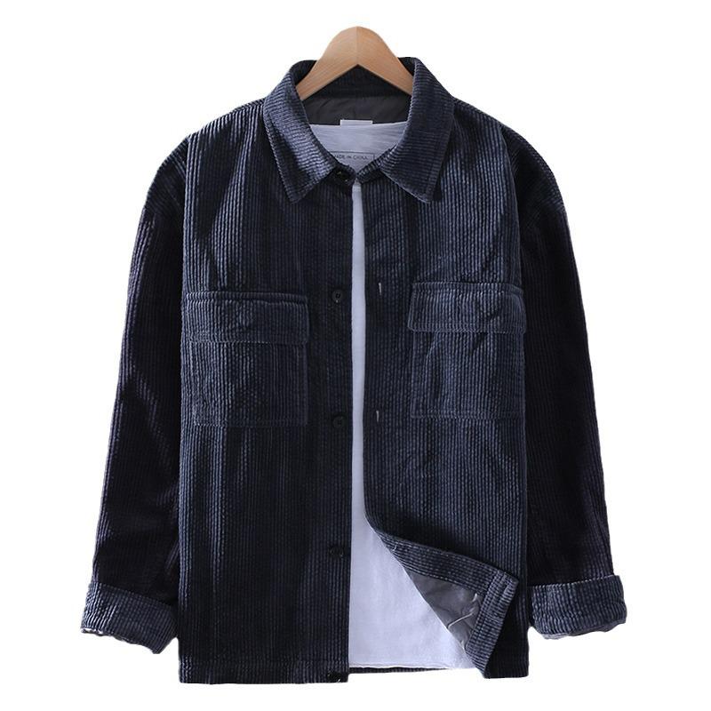 Men's Spring Cotton Corduroy Jacket with Double Pockets, Stripes & Velvet, Loose Fit, Drop Shoulder, Long Sleeve, Japanese Style.