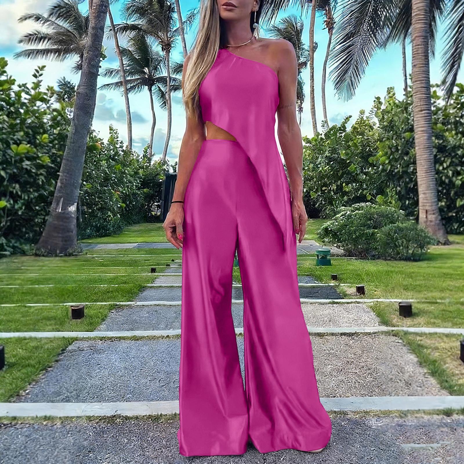 

Женский повседневный цветной топ и брюки, модный комплект из двух предметов M розовый