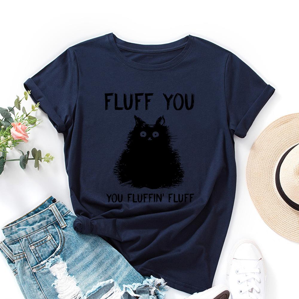 Women's Line Cat Print Loose Round Neck Short Sleeved T-shirt for Women Shirt