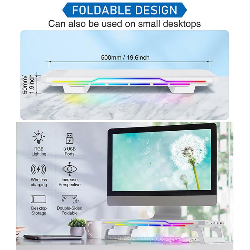 Monitor Stand Riser with 3 USB 2.0 Ports + Wireless Charging + RGB Lighting Foldable Office Computer Stand Storage Rack