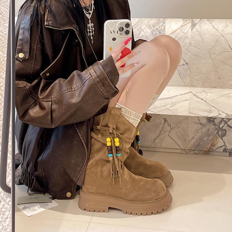 

Maillard Western Cowboy Boots Pile Boots Women s 2025 New Autumn and Winter Thick-soled Martin Boots Wasteland Fringed Short Boots 40 хаки