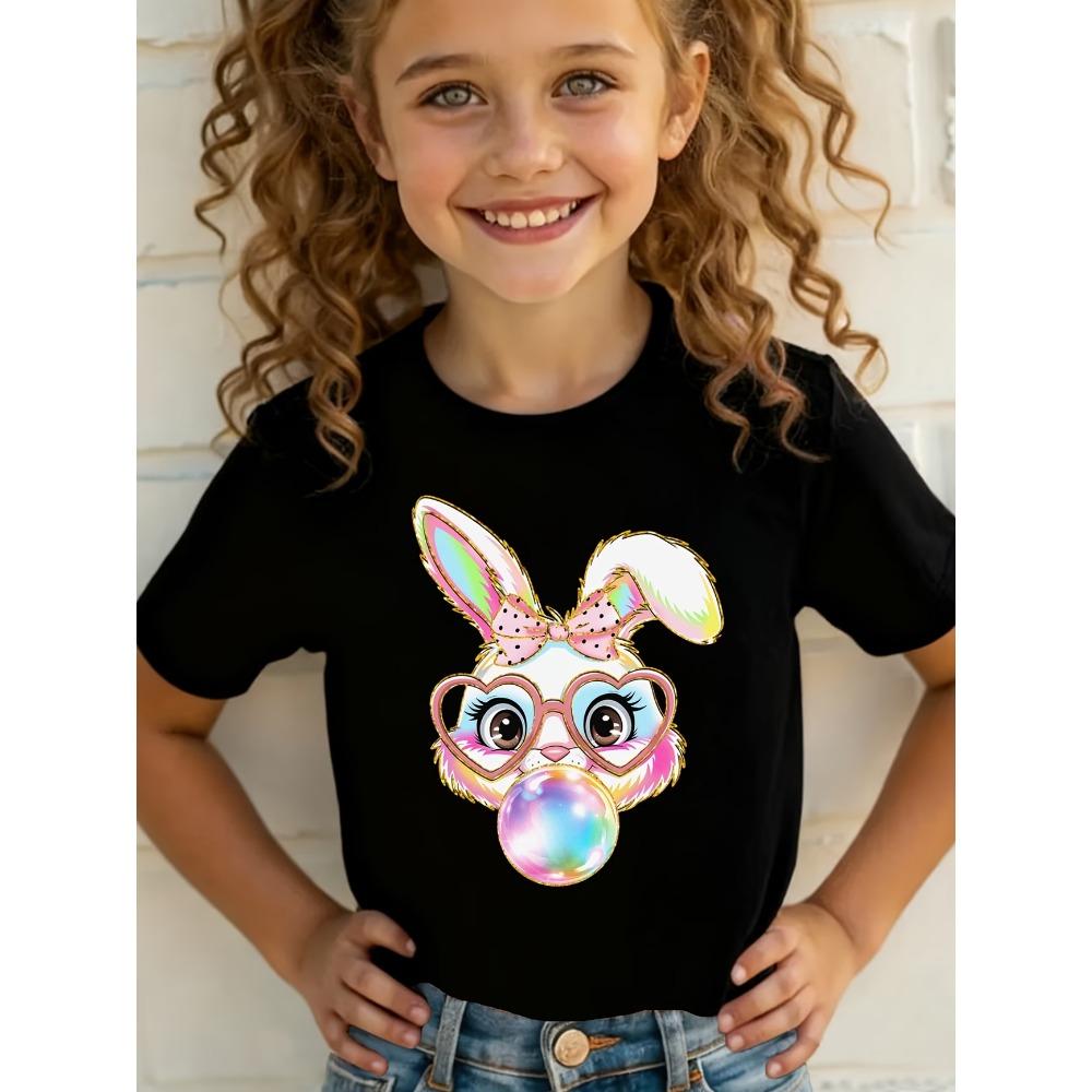 Summer EASTER Cute Bow Rabbit Print Childrens Cotton Tshirt Casual Trendy Girls Short Sleeved Shirts Fashion Kids Clothes Tees