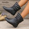 Size 36-42 Autumn Women Leather Short Boots Slip on Pleated Round Toe Low Heel Women's Boots Botines Para Mujeres Botas