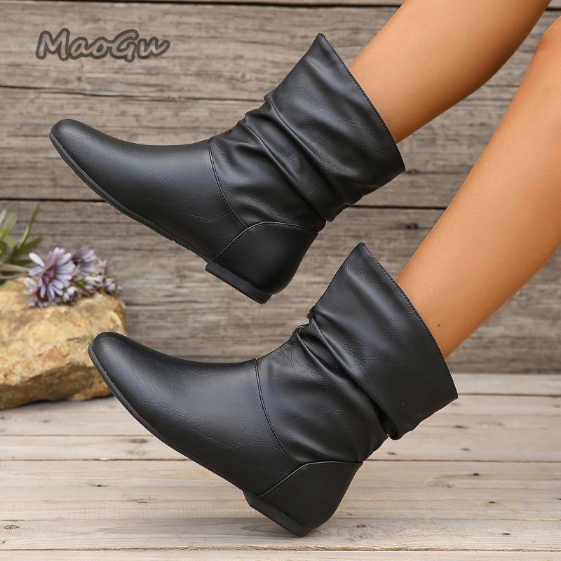 Size 36-42 Autumn Women Leather Short Boots Slip on Pleated Round Toe Low Heel Women's Boots Botines Para Mujeres Botas