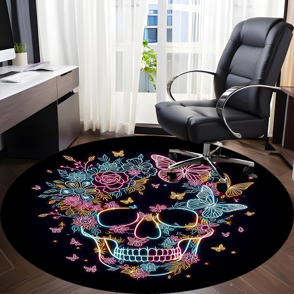1pc Neon Skull Floral Design Chair Carpet for Office, Round Non Slip Durable Large Size Office Carpet, Suitable for Office