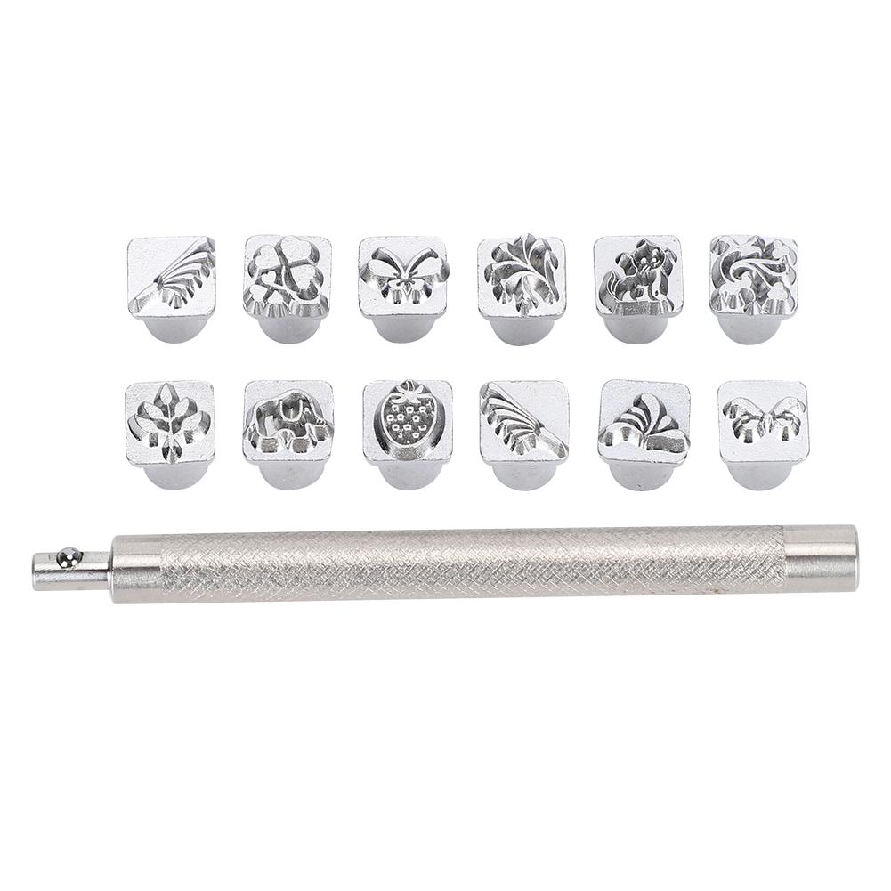 12Pcs Stamping Punch Tool Plants Animals Pattern DIY Leather Craft Carving Stamper 1Pc Handle