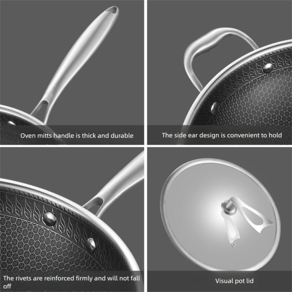 Non Stick 316 Stainless Steel Wok Non Coating Honeycomb Pot Pan Wok  Gas Induction Cooker