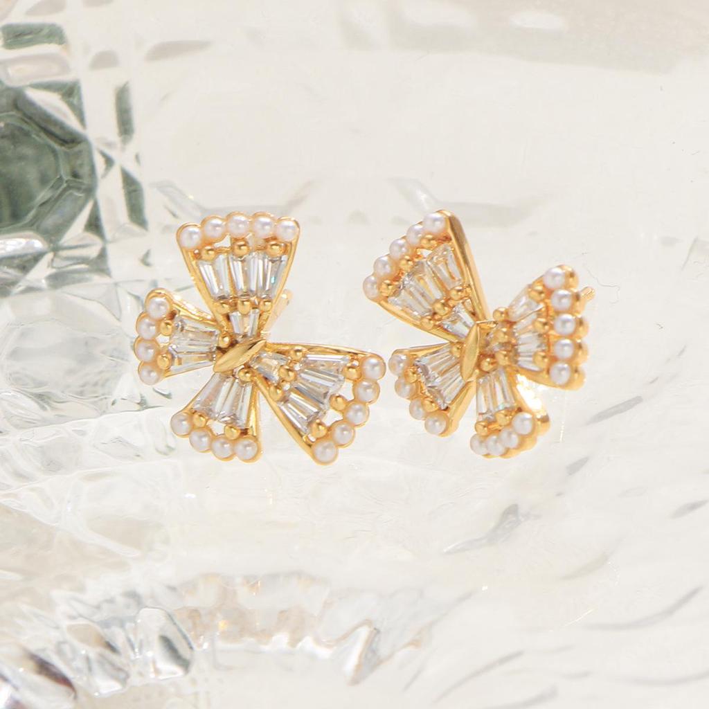 Copper Butterfly Zirconia Pearl Stud Earrings for Women