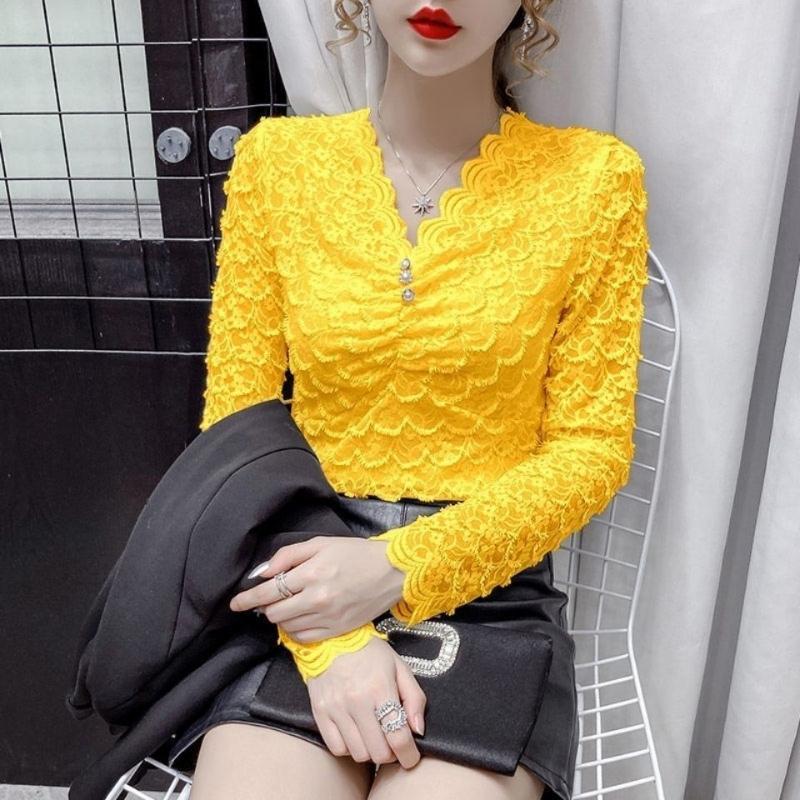 Wiosna Jesień Dekolt V Odzież Damska do Biura Koronkowa Naszywka Jednolity Kolor Pulower Casualowy T-shirt Szydełkowe Ażurowe Top