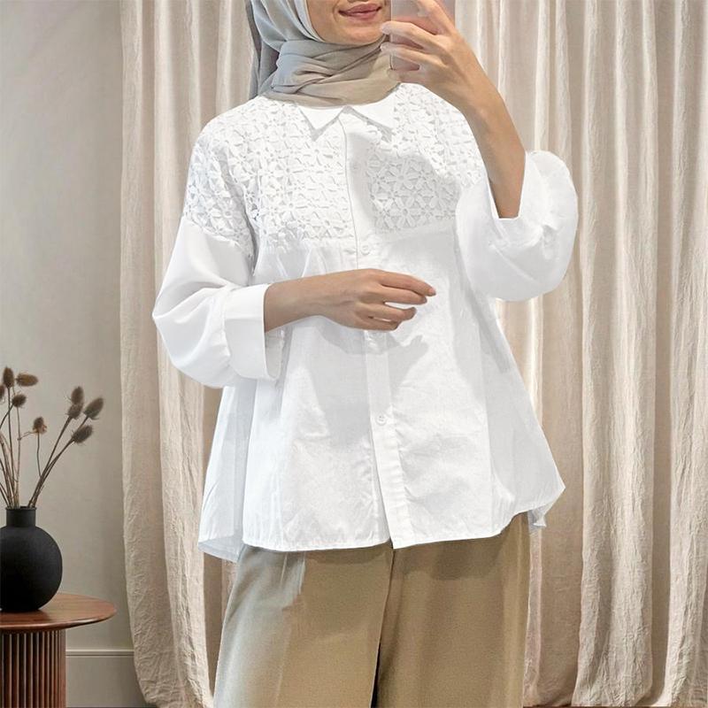 

ZANZEA Женская повседневная блузка с отложным воротником, длинным рукавом, пэчворком и крючком L белый