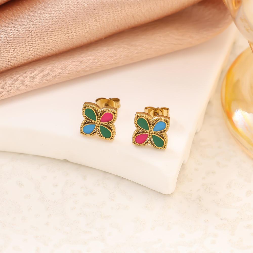 Colorful Four-Leaf Clover Titanium Steel Jewelry Set: Bracelet, Necklace & Stud Earrings