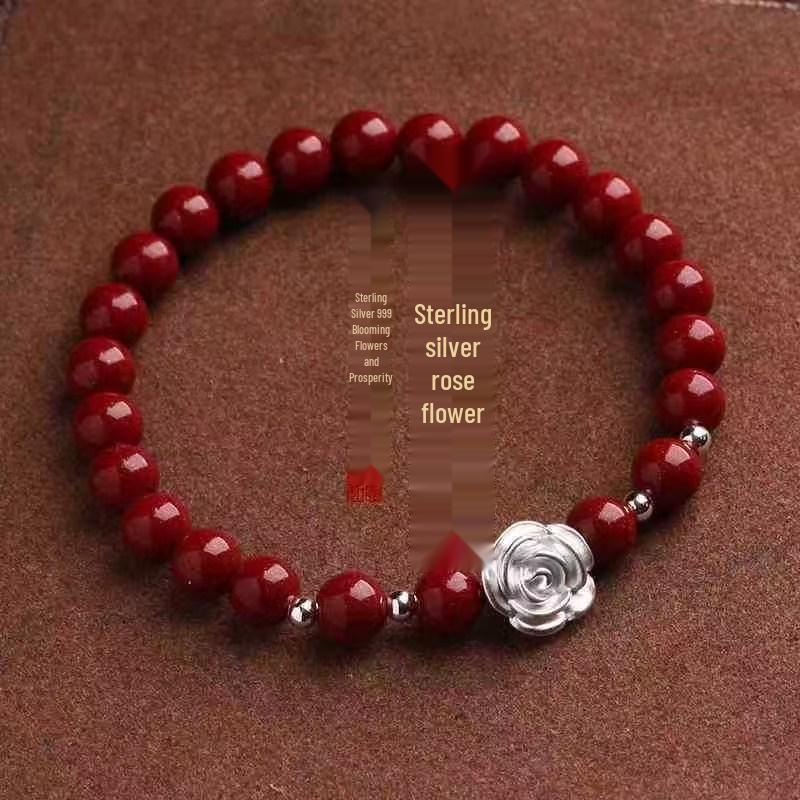 Sterling Silver Rose Flower & Cinnabar Lotus Bracelet