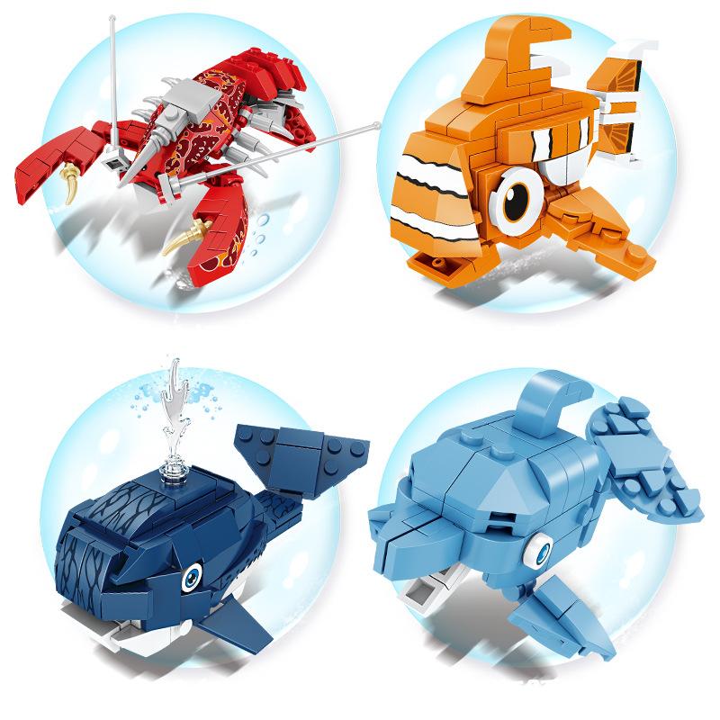 Creative Ocean World Animal Building Block Model Lobster Whale Dolphin Turtle Animal Small Particle Educational Assembly Toy