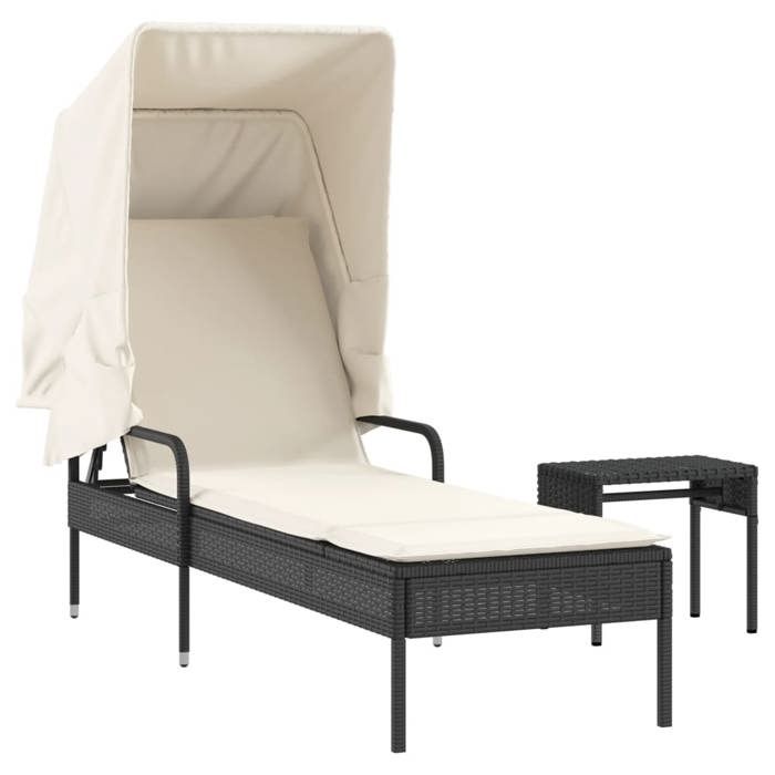 VidaXL Chaise longue avec auvent et table noir résine tressée, lit de bronzage, chaise longue inclinable, lit de jour 368197