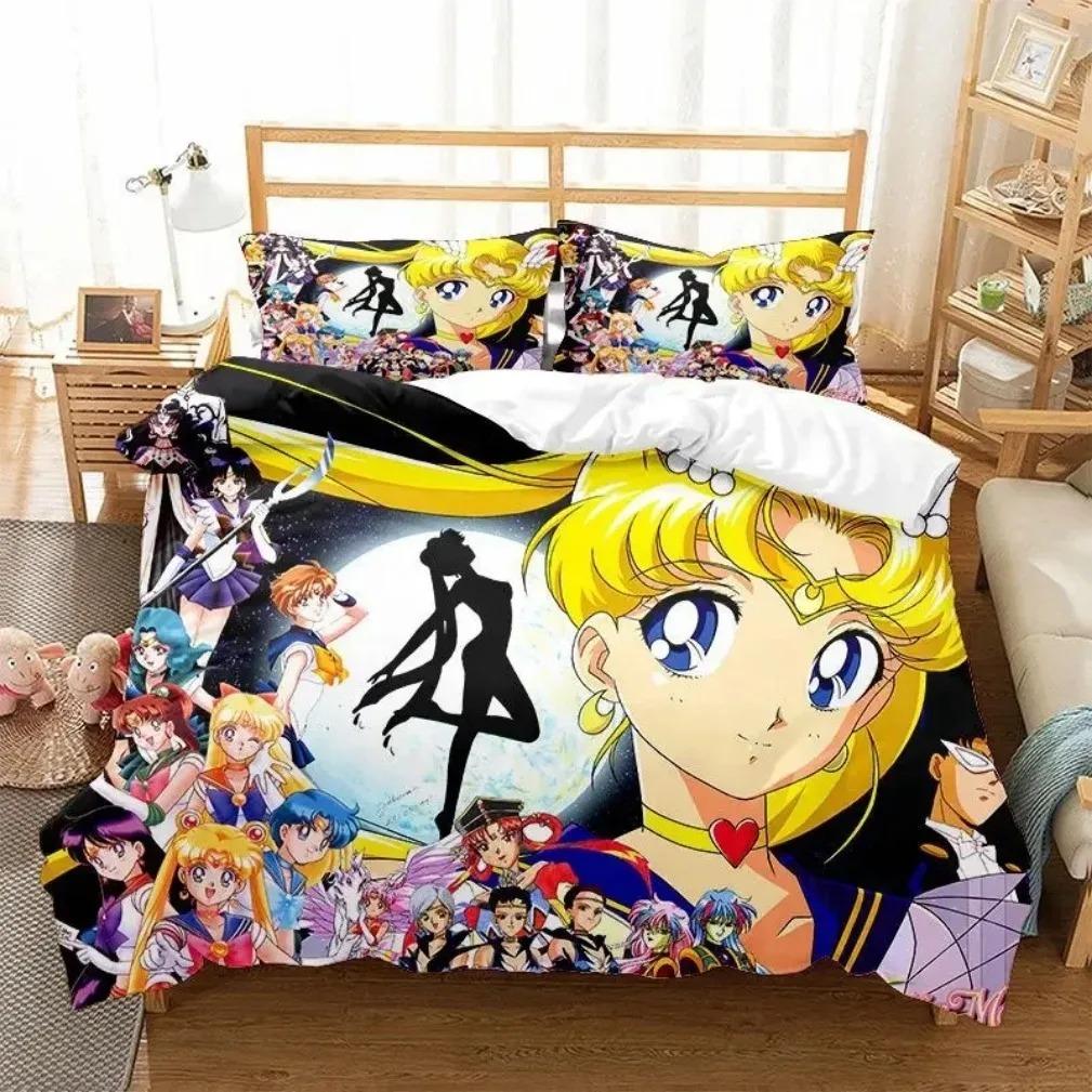 Anime S-Sailor & M-Moon Bedding Set,Duvet Cover Comforter Bed Set Quilt Cover Pillowcase,King Queen Twin Size Boys Girls Adults
