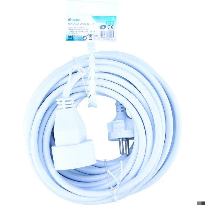 Förlängningssladd - Hushåll - Dhome - H05 VV-F - 3G1,5 mm² - 2P+J - 16 A - L. 10 m - Vit - Häftbar