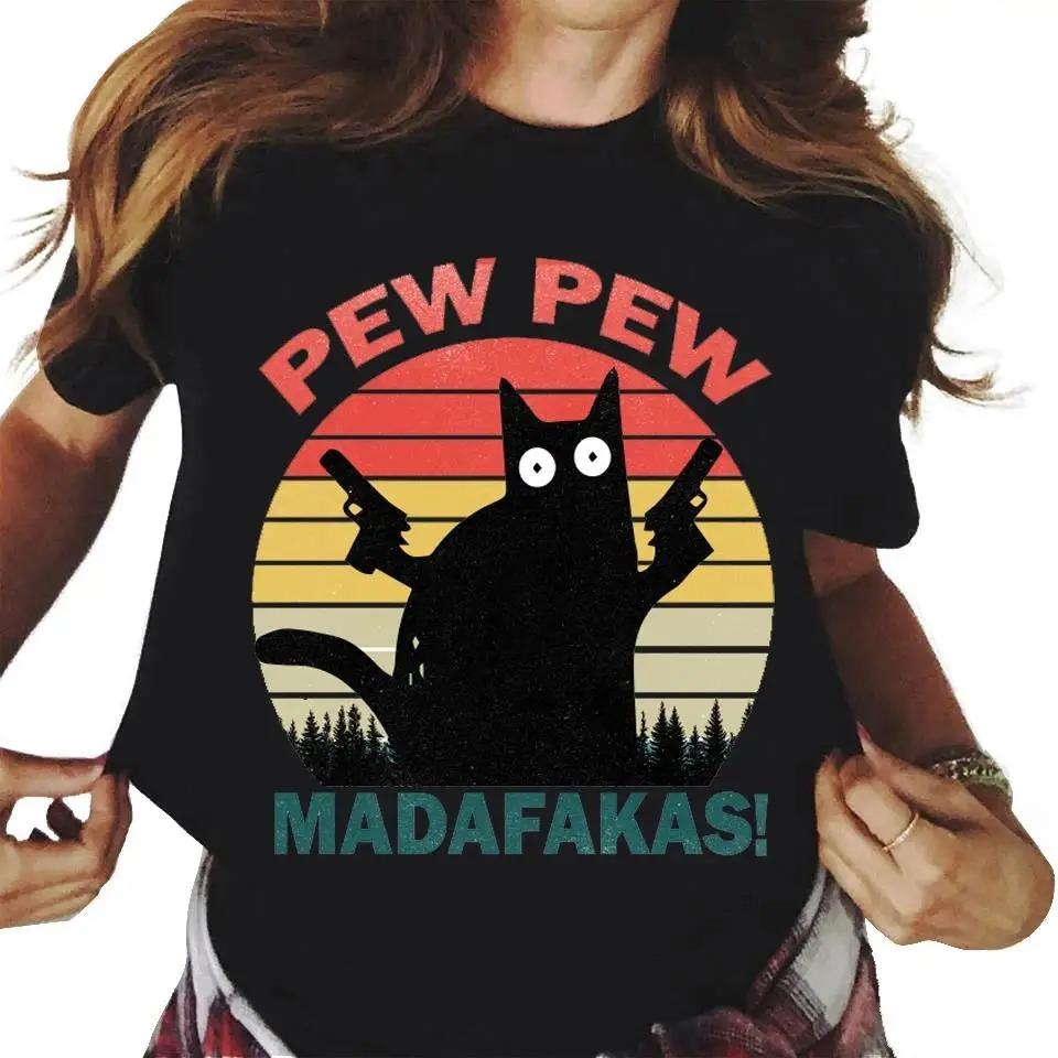 Pew Madafakas Graphic Print Cute Black Cats T Shirt Men Women Fashion Casual Crew Neck Short Sleeve Plus Size Unisex T Shirt