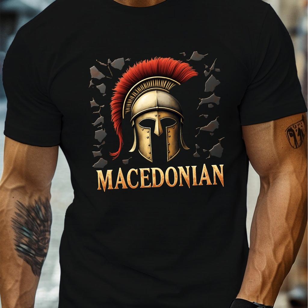 Macedonian Helmet Print Mens Cotton Graphic Tee Casual Short Sleeve Breathable Crew Neck TShirt