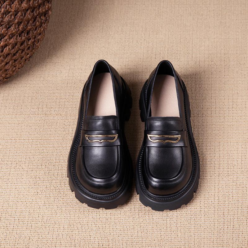First Layer Cowhide Loafers Women's Spring and Autumn New Soft Leather British Style Foam Platform Single Shoes Women's Muffin Shoes