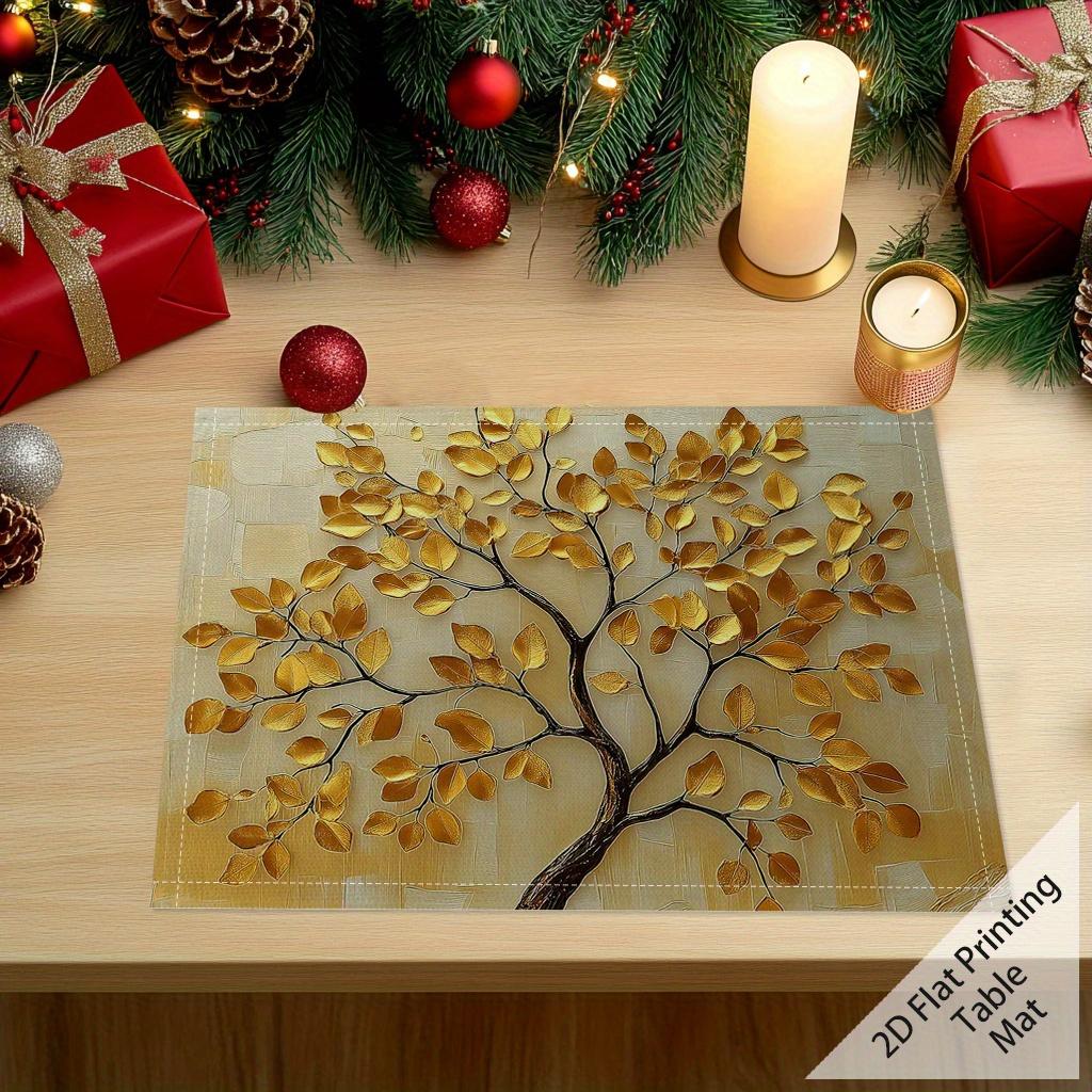 Golden Leaves Print Placemat  Tablecloth Decor For Kitchen  Non-Slip & Washable  New Year To Attract Wealth.  Dining Room
