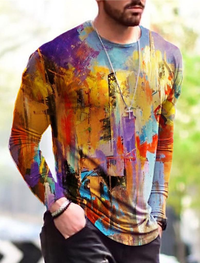 3D Men's Long Sleeve World Map Leisure Sports Fitness Retro Classic Long Sleeve Outdoor Sports T-Shirt Oversized Warm Longsleeve
