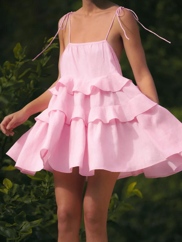 

Белое короткое платье, женский хлопковый многослойный свободный пляжный сарафан, летние платья Babydoll без рукавов на бретелях с рюшами M розовый