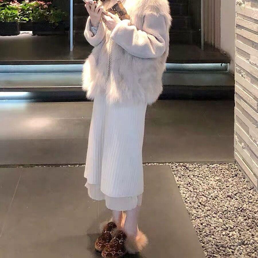 Reversible Pleated Women's Autumn Winter Knitted Midi Skirt A-Line Bodycon Style to Pair with Sweaters