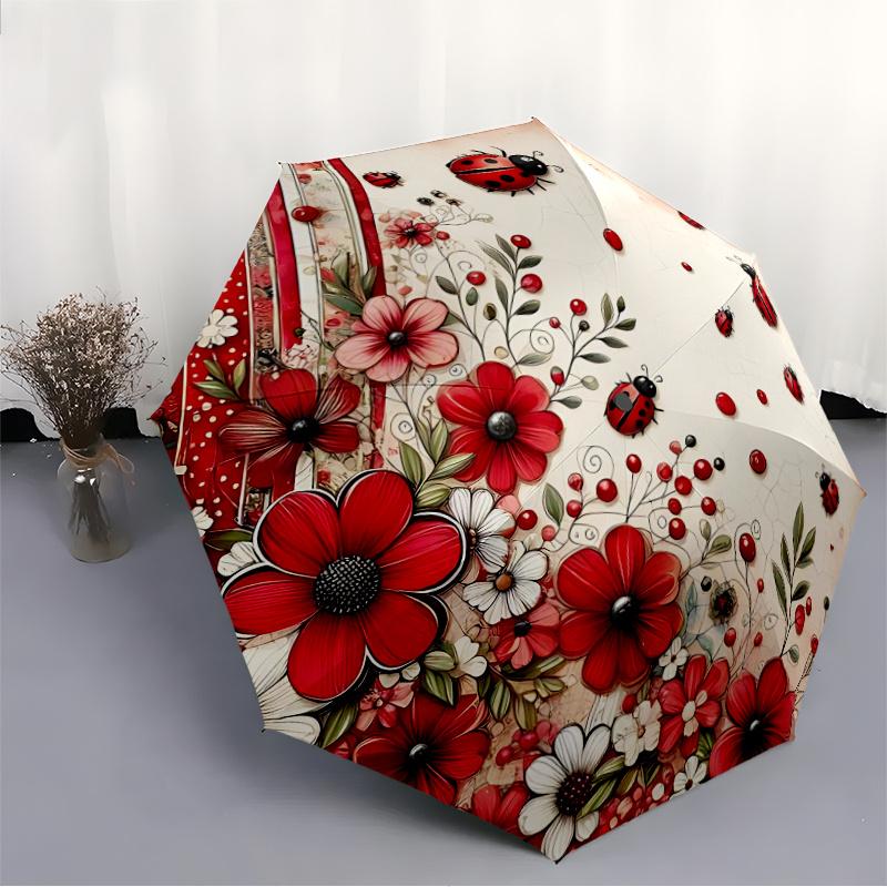 1pz Ombrello Automatico Apri/Chiudi con Coccinelle e Fiori, Struttura Robusta a 8 Stecche, Pieghevole/Apertura Automatica, Ombrello da Viaggio Portatile per Donne c25
