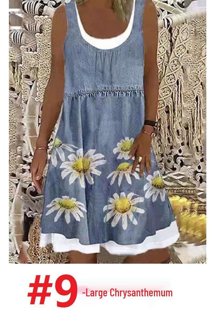 Women's Loose-Fit Digital Print Faux Denim Two-Piece Dress