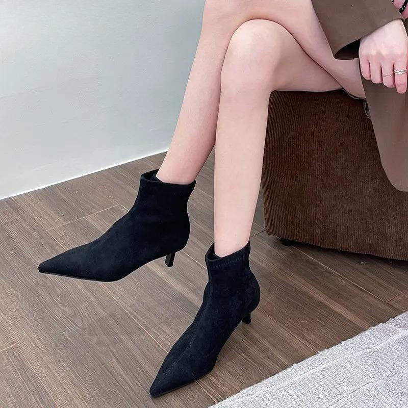 Spring Autumn Suede Women Ankle Boots Fashion Pointed Toe Back Zipper Ladies Elegant Short Booties Thin Low Heel Pumps