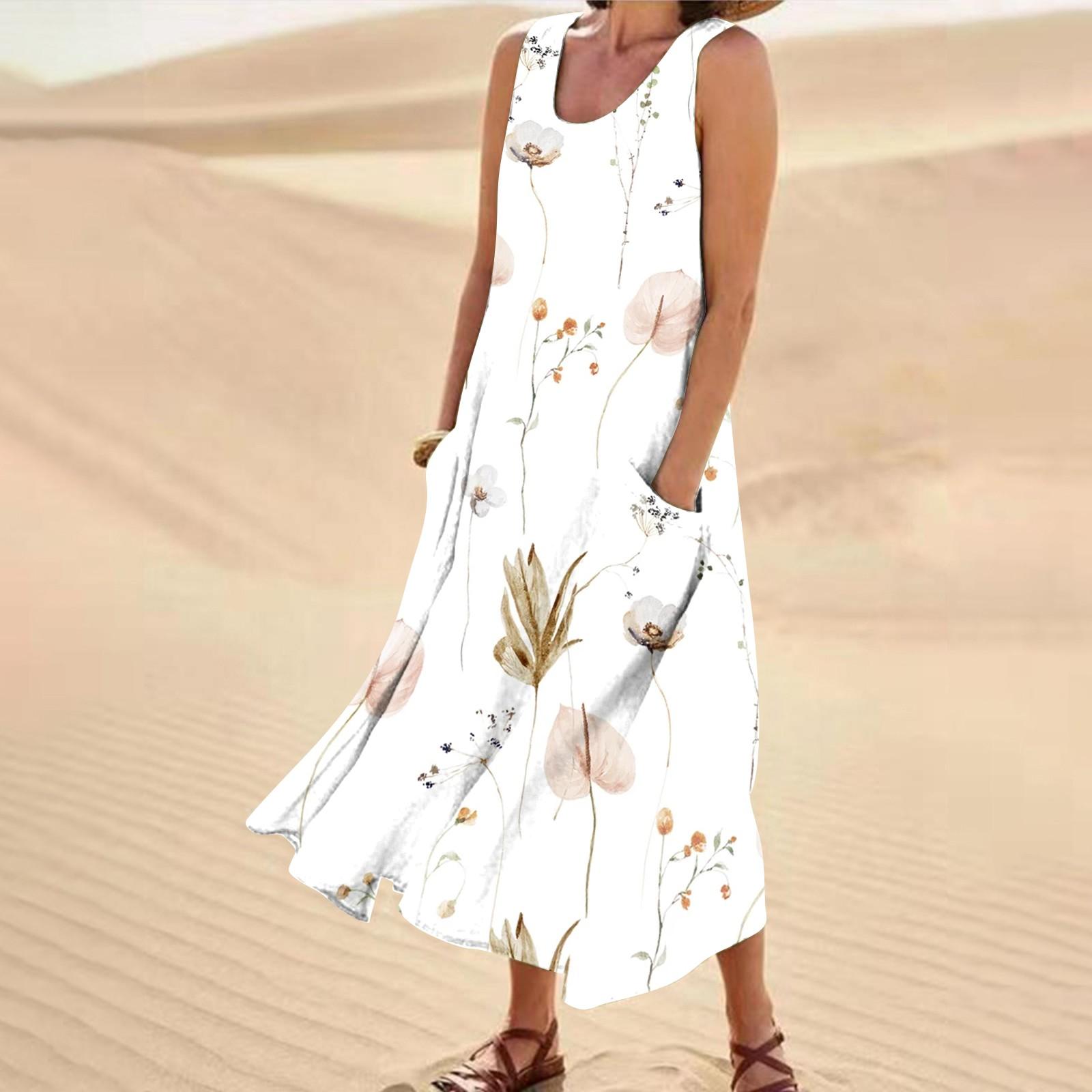 

Женское модное повседневное однотонное хлопковое льняное платье без рукавов с карманами XXXL белый