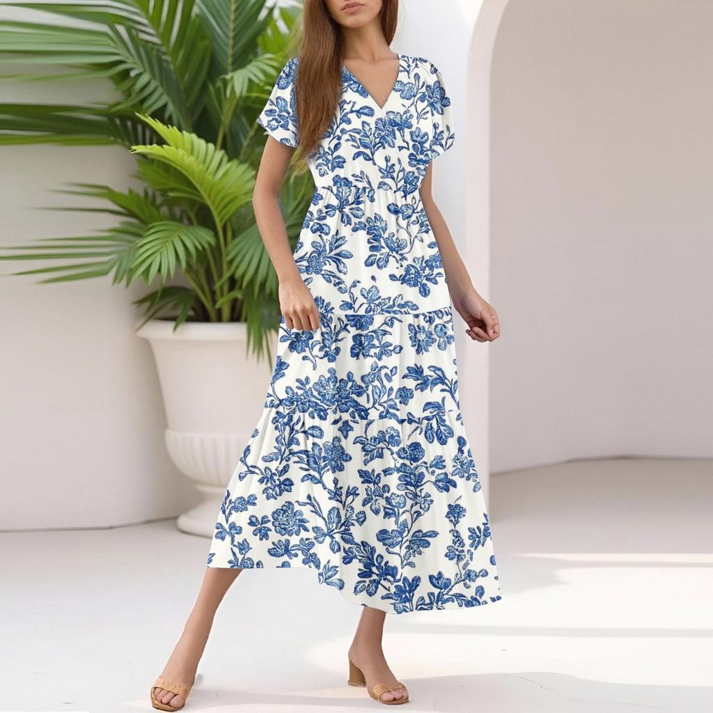 Damen Sommer Casual Mode V-Ausschnitt Rüschenärmel Blumendruck Midi-Kleid