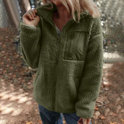 Women Puffy Lambswoolen Jackets Full Zip Up Stand Collar Long Sleeve Coats Plush Fleece Loose Oversize Sweatshirt Outwear Pockets