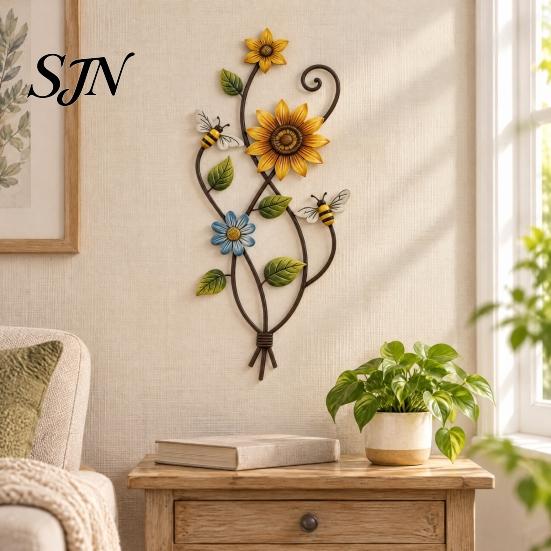 Home Garden Wall Ornaments Sunflower Bee Art Decor, 2D Flat Floral Hanging, Country Acrylic Decor Flower Ornament for Fence Porch Entryway Gift