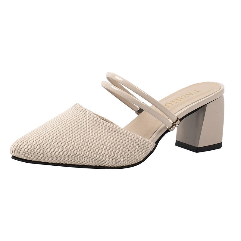 

Women s Mid Heel Slip-On Sandals, Pointed Closed-Toe Chunky Heel Breathable Fabric Half Slides, Casual Summer Shoes 34 бежевый