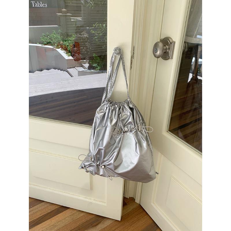 Korean Ins Niche Design Drawstring Pleated Silver Backpack for Women Commuting Versatile Casual Small Backpack