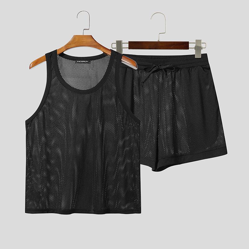 INCERUN 2PCS Summer Men Hollow Sleeveless Tank Tops and Shorts Beach Outfits Sets