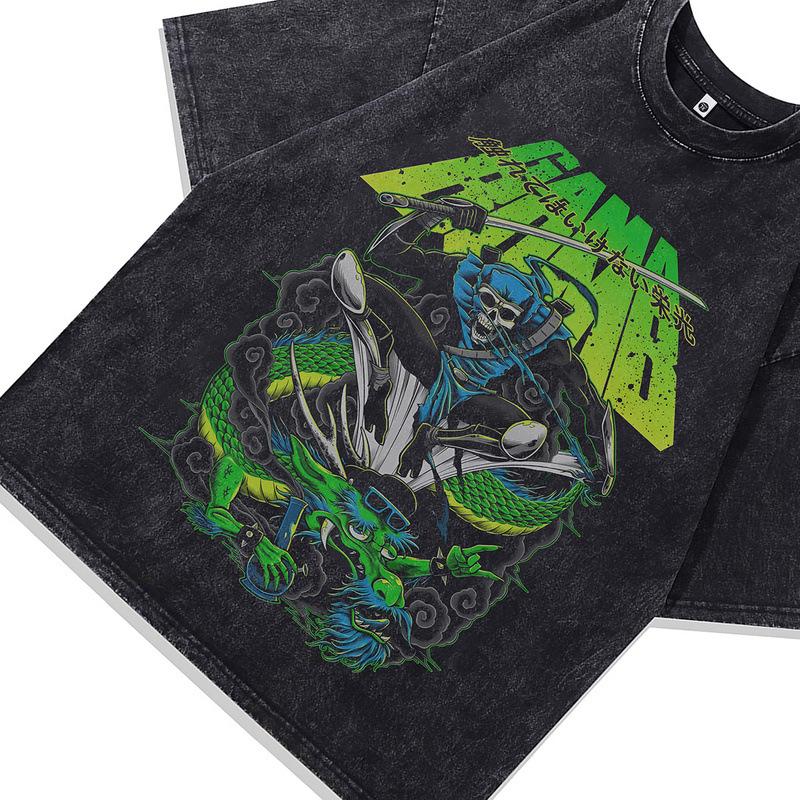 European And American High Street Vintage Rock Style Skull Print Oversize Washed Old Cotton Short-Sleeved T-Shirt Men