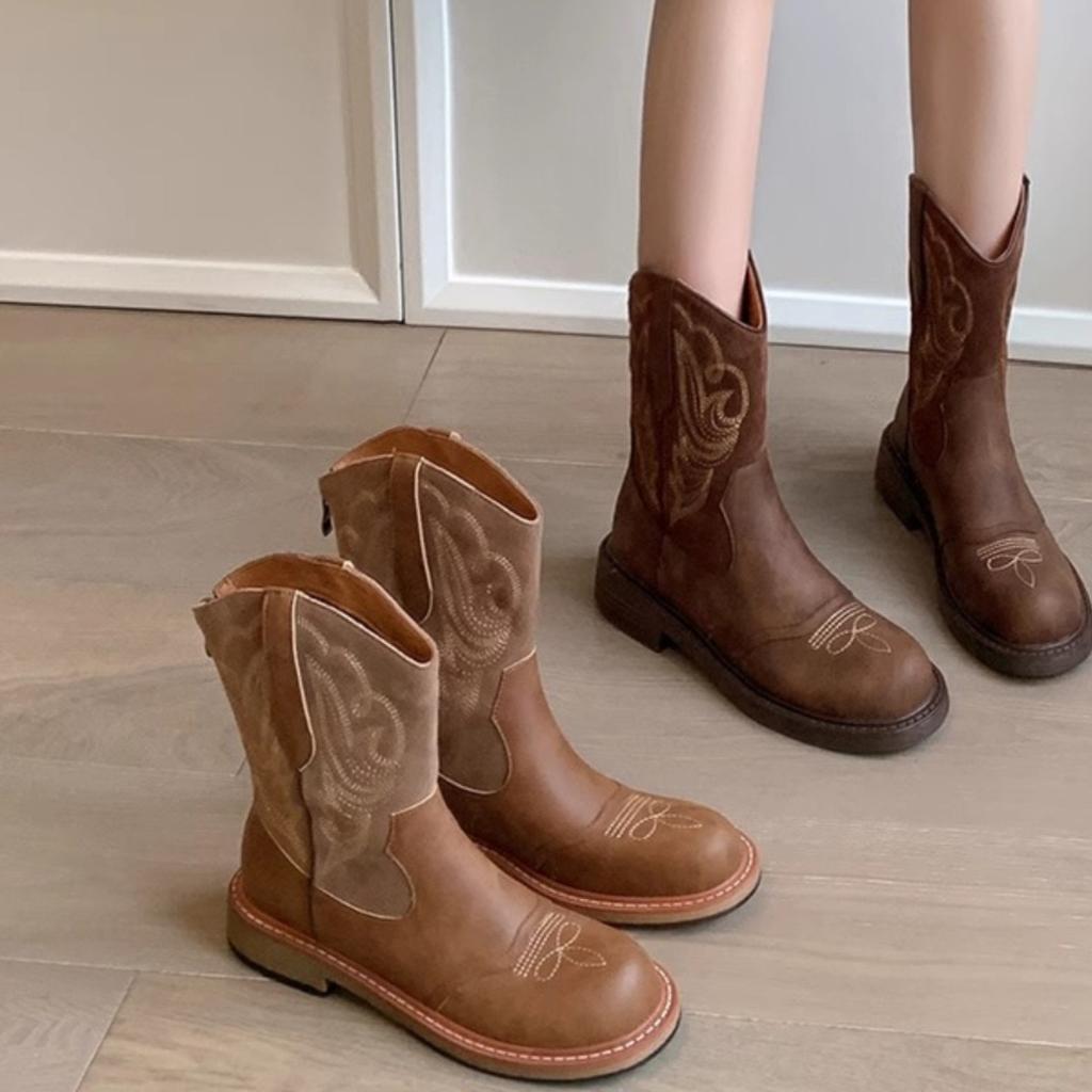 Maillard Brown Boots Women's Summer Western Cowboy Boots 2025 New Retro Thick Heel Martin Boots Knight Boots