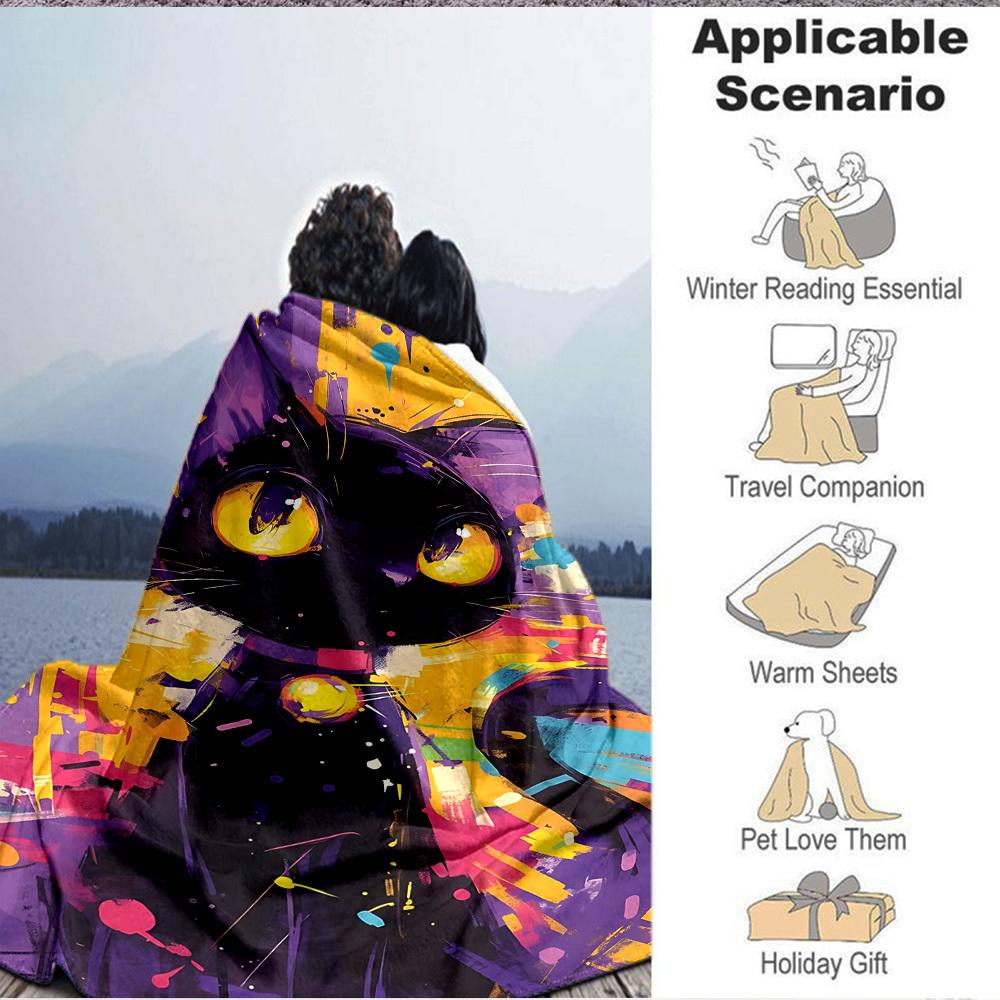 1pc Colorful Cat Artwork Blanket Lightweight Flannel Blanket Throw Blanket For Sofa, Bed, Travel, Camping, Livingroom, Office, Couch, Chair, And Bed y