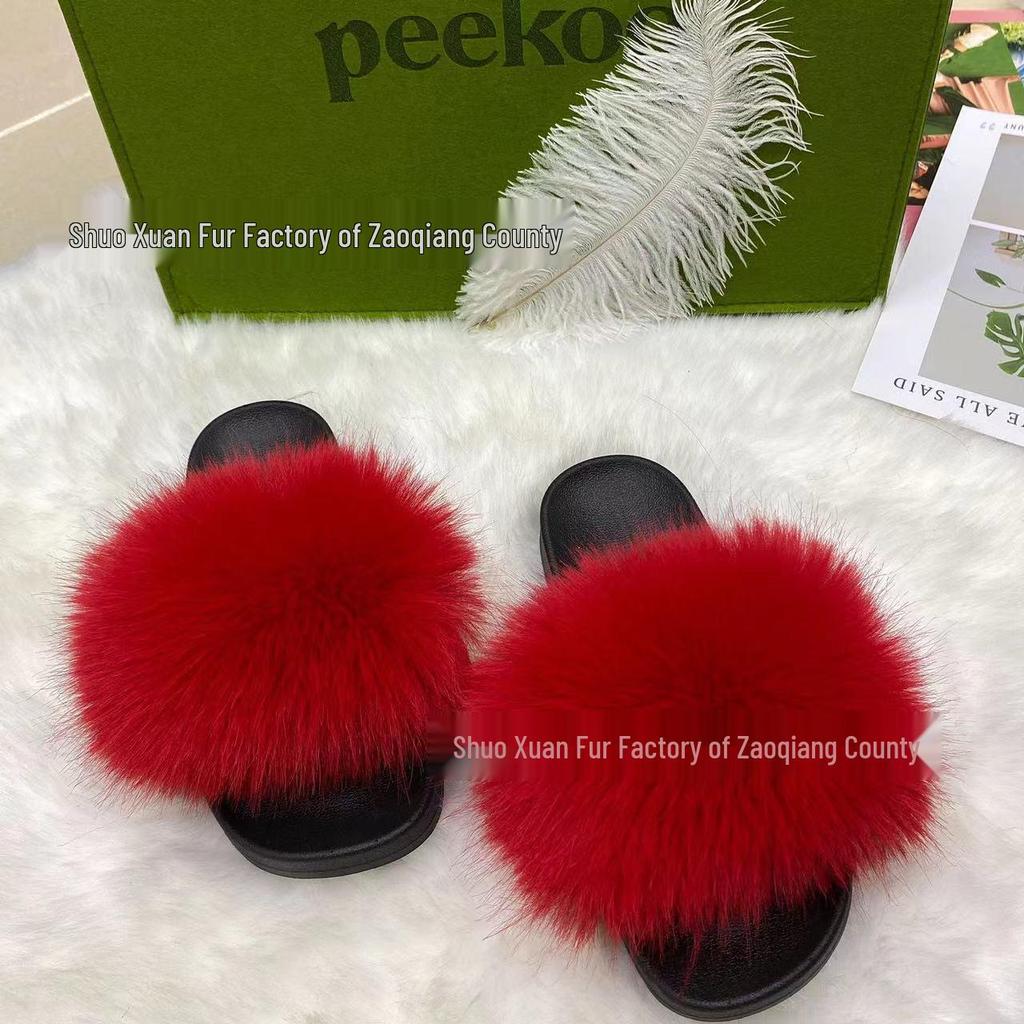 Women's Summer Fox Fur Slippers: Celebrity Trend, Flat Fur Sandals, Soft-Soled Flip Flops, Euro-American Style.