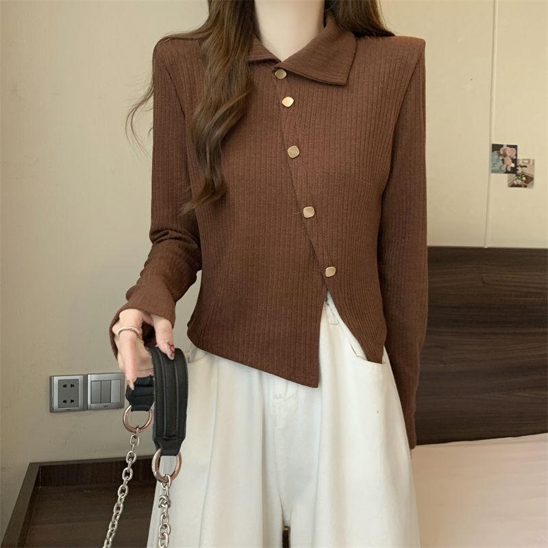 Women's Pullover Knitted Sweater Base Shirt for Autumn and Winter Lapel Long Sleeved Top