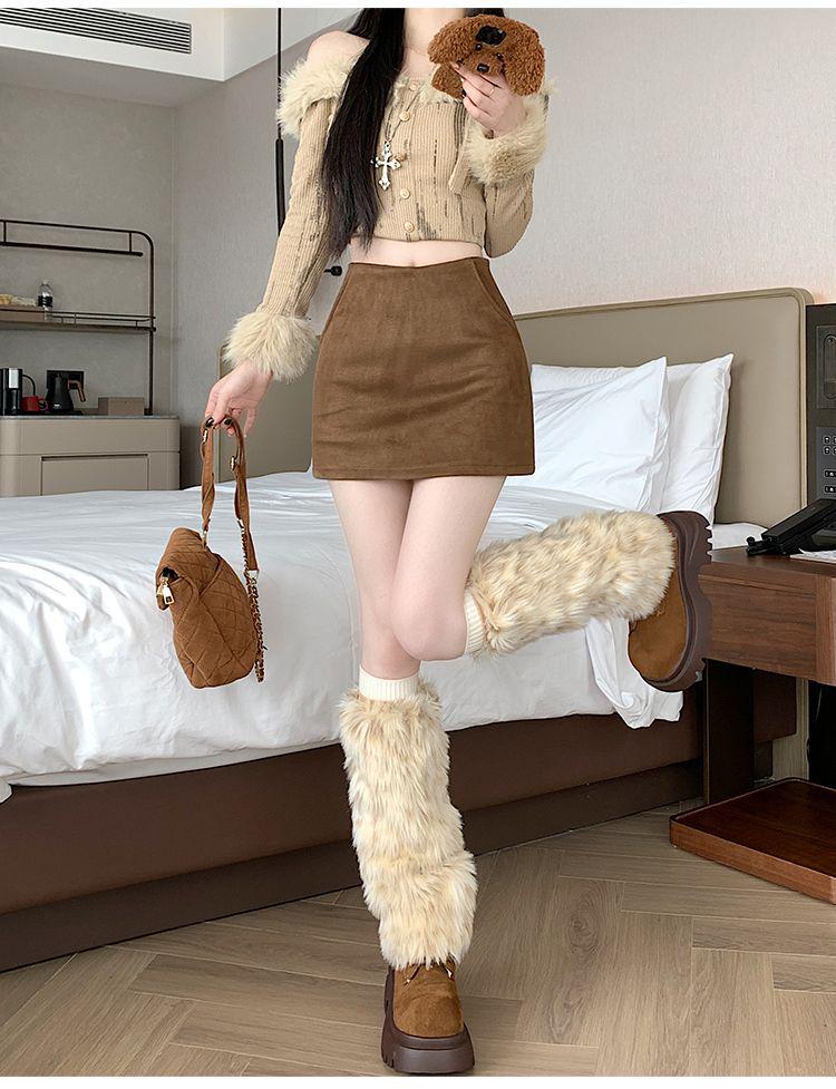 High Waist Retro Suede A-line Mini Skirt for Women